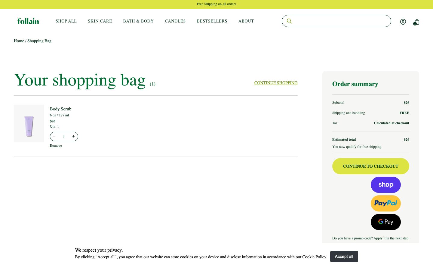 Follain — Payment Trust Icons Near Checkout Button